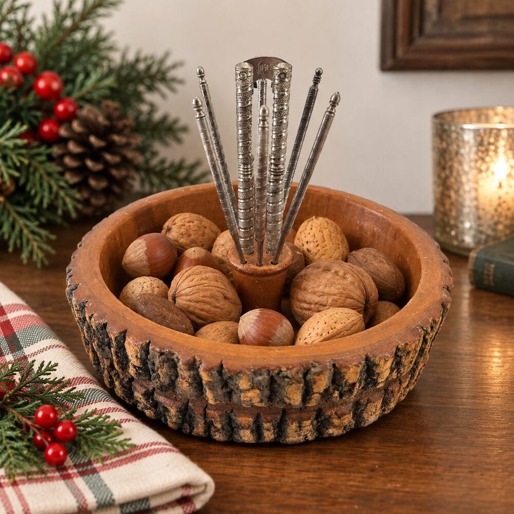 Vintage Nutcracker Nut Bowl Wood Bark Edge Metal Picks Rustic Christmas Holiday